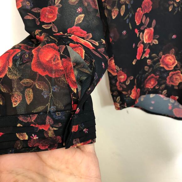 Kooples Romantic Rose Muslin Blouse Black Red Sheer Button Down xs - Picture 6 of 10